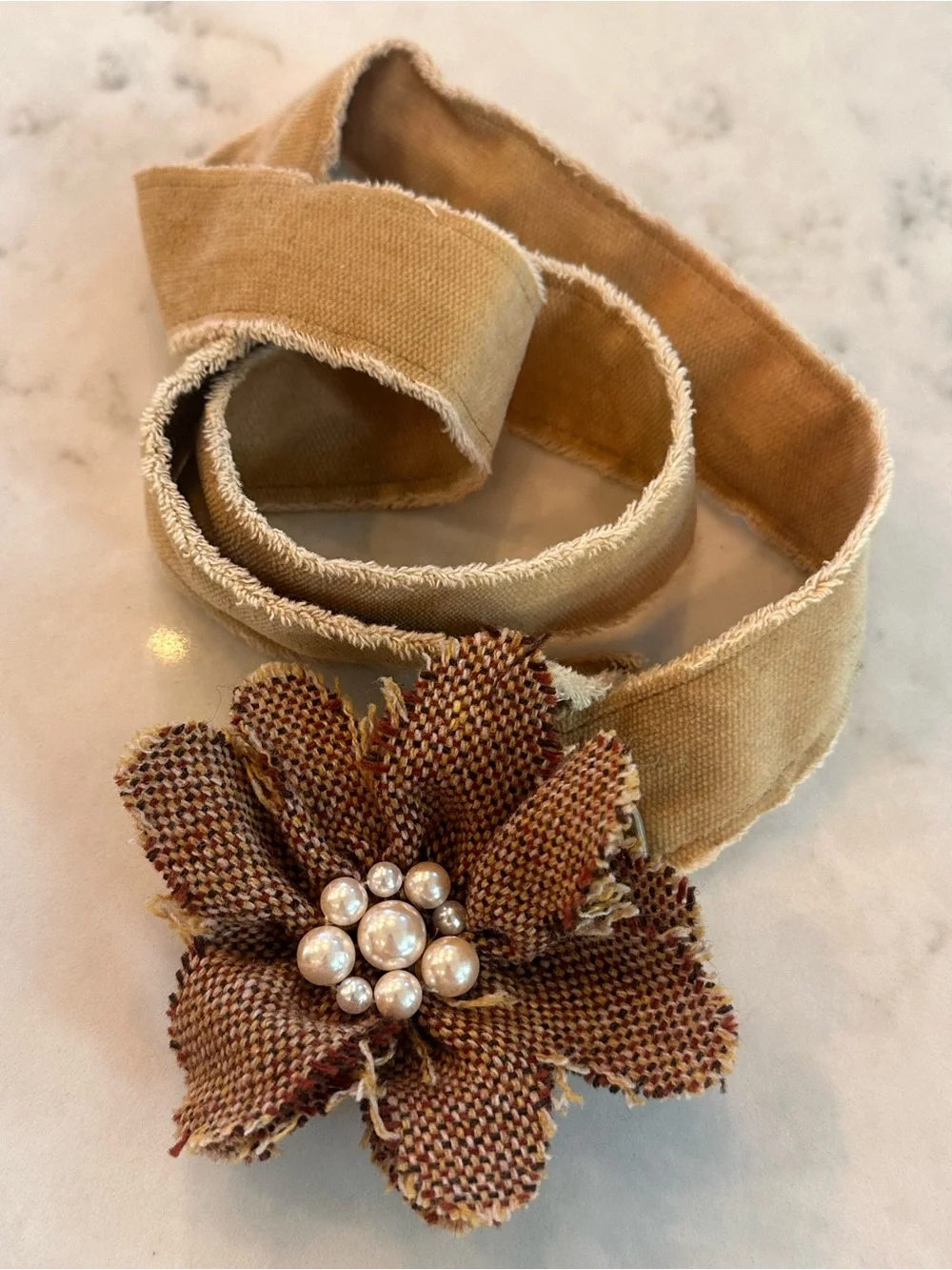 Velvet Ribbon Flower Belt in Tan with Pearl Accent